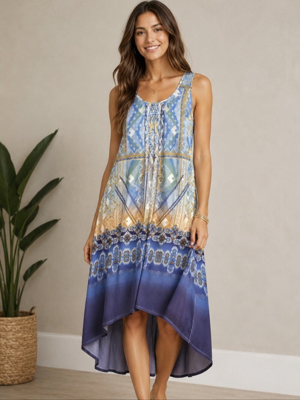 World Unity Boho Maxi Dress Blue Geometric Print Lace Back Sleeveless High-Low M